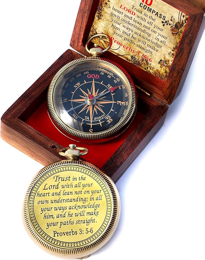 Trust in The Lord With All Your Heart - Proverbs 3:5-6 Quote Engraved Compass With Wooden Box