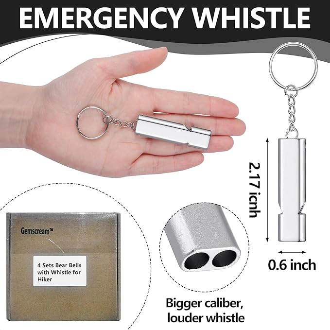 4 Sets Bear Bells with Whistle for Hiker, Loud Bear Bell with Emergency Whistle, Bear Bells for