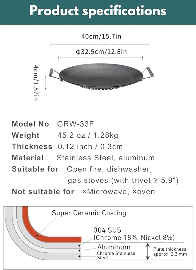 camping moon BBQ Grill Pan Dia 12.8-inch Round Griddle 3-Ply Composite Steel Nonstick Foldable