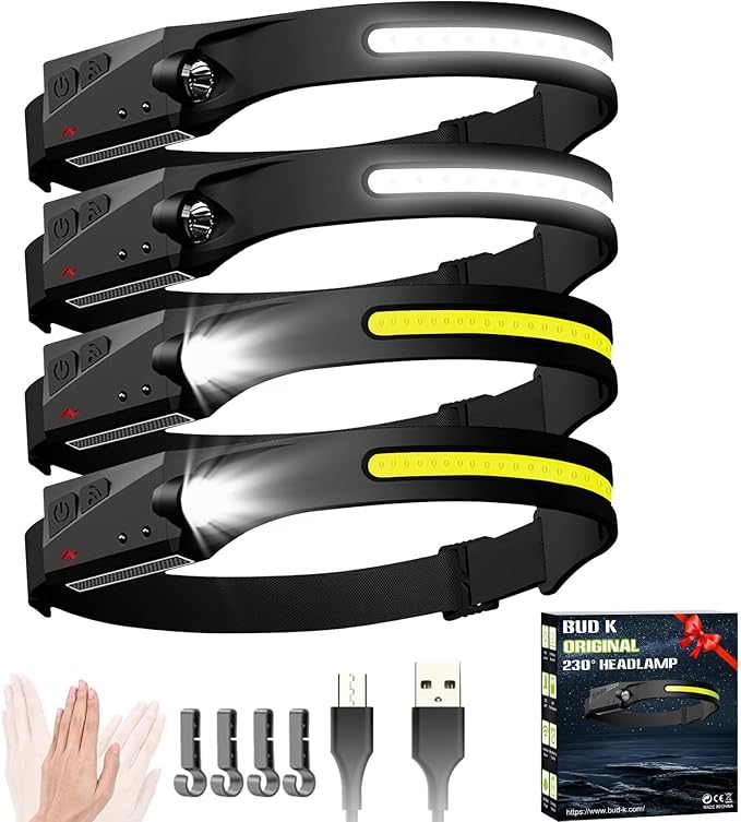 Headlamp Rechargeable 4Pack, 6 Mode Headlamps for Adults 1200Lumens LED Headlamp with Motion