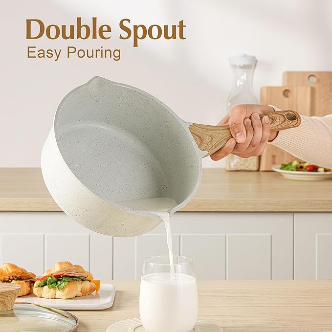SENSARTE White Ceramic Nonstick Saucepan with Double Spout 3.0 Quarts, Cooking Pot with Stay Cool