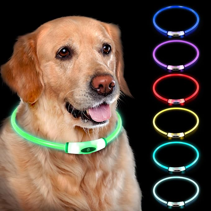 Lighted Dog Collar, Rechargeable 7 Colors Changing Light Up Dog Collar, IP67 Waterproof LED Collar