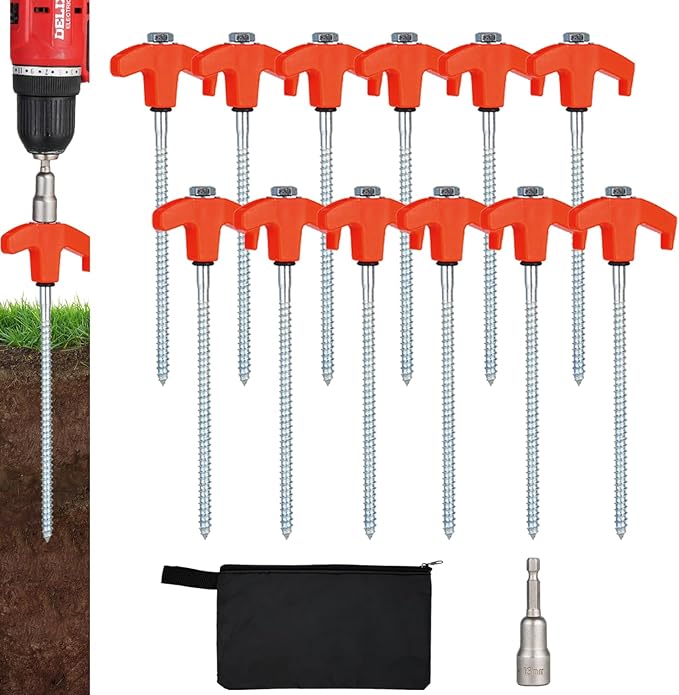 12 Pack Screw in Tent Stakes Heavy Duty,8 Inch Ground Anchors Screw in,Metal Stakes with Hex Head