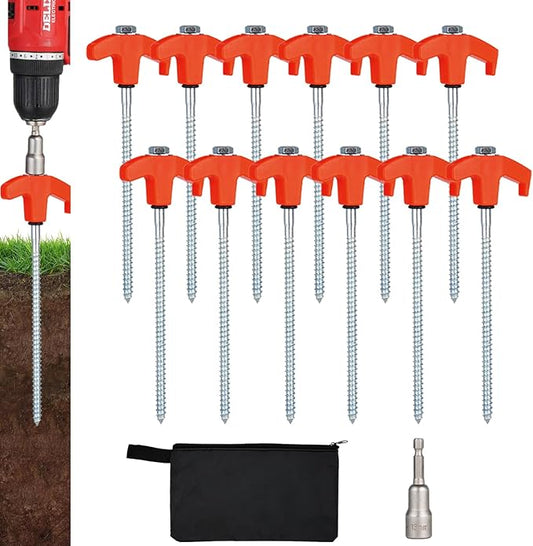 12 Pack Screw in Tent Stakes Heavy Duty,8 Inch Ground Anchors Screw in,Metal Stakes with Hex Head