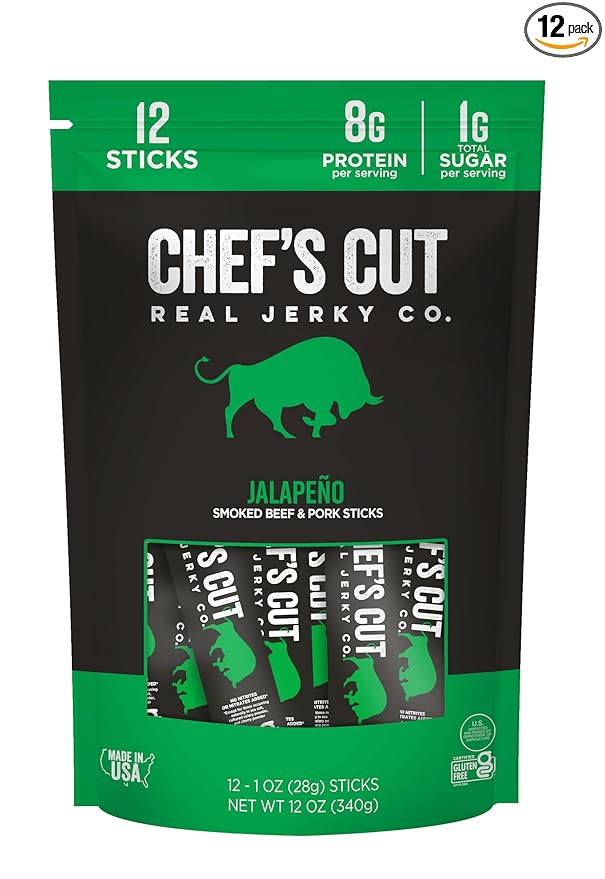 Chef's Cut Smoked Beef and Pork Jerky Meat Sticks, Jalapeño (1 Ounce Stick, Pack of 12) - High