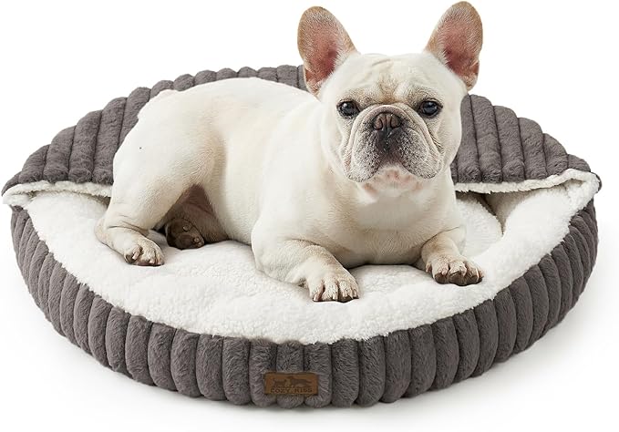 Small Dog Bed with Hooded Blanket, Round Fluffy Anti-Anxiety Pet Bed for Small Dogs & Medium Dogs