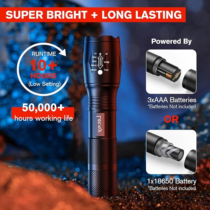 LETMY LED Tactical Flashlight S2000 [4 Pack] - High Lumens, Zoomable, 5 Modes, Waterproof Handheld