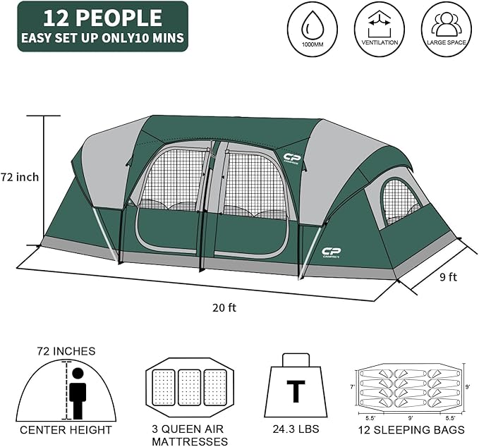 CAMPROS CP Tent 12-Person-Camping-Tents,3 Room Family Tents,Waterproof Windproof Family Tent with