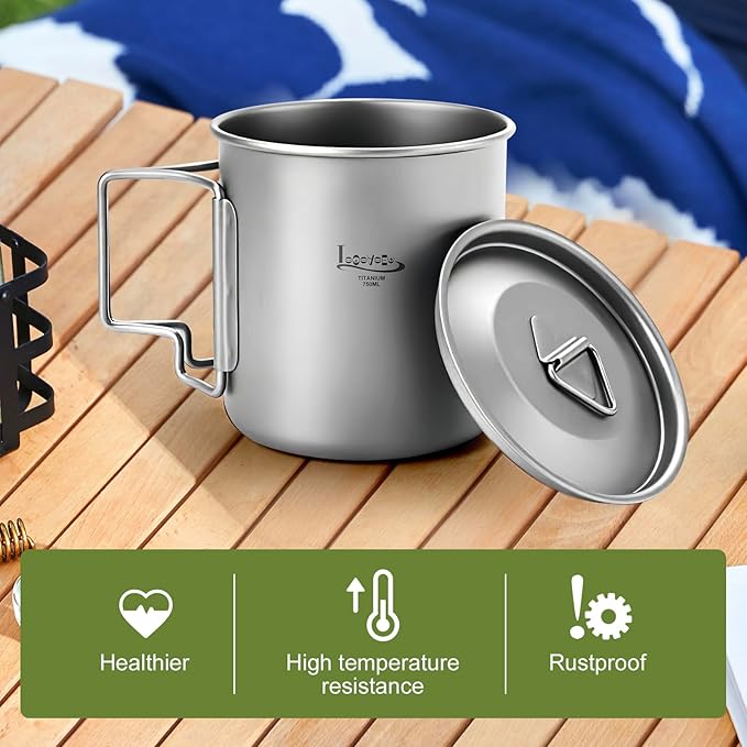 Titanium Pot with Lid, Lightweight Camping Pot with Foldable Handles, Portable Titanium Cooking