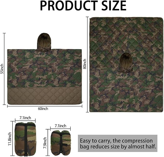 Poncho Liner Hoodie with Pocket Insulated Military Sleeping Bag Waterproof for Outdoor Camping