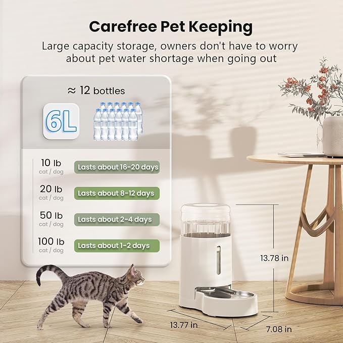 CZPET Automatic 6L Dog and Cat Water Dispenser with Stainless Steel Bowl Gravity Waterer,100%
