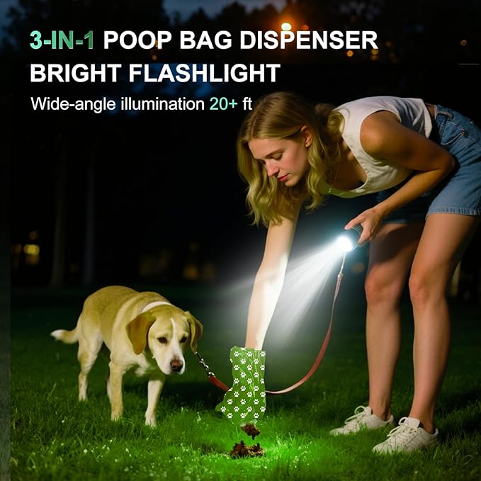2-Pack Dog Poop Bag Holder with Flashlight 7-Color, USB-C Rechargeable doggie bag holder for leash