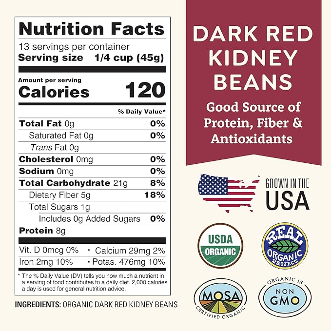 Organic Dried Dark Red Kidney Beans 1 lb - Non-GMO, USDA Organic, Farmed From Regenerative Soil