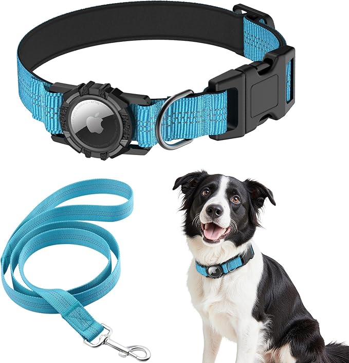 AirTag Dog Collar and Leash, IP68 Waterproof Integrated with Reflective, Ultra-Durable, Comfortable