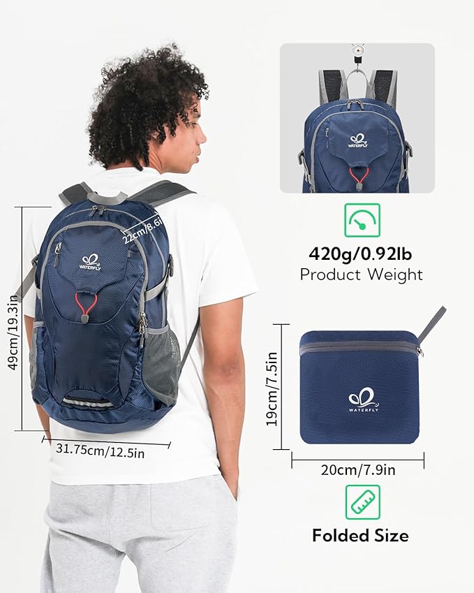WATERFLY Lightweight Packable Hiking Backpack: 30L Foldable Travel Daypack Ultralight Camping Day