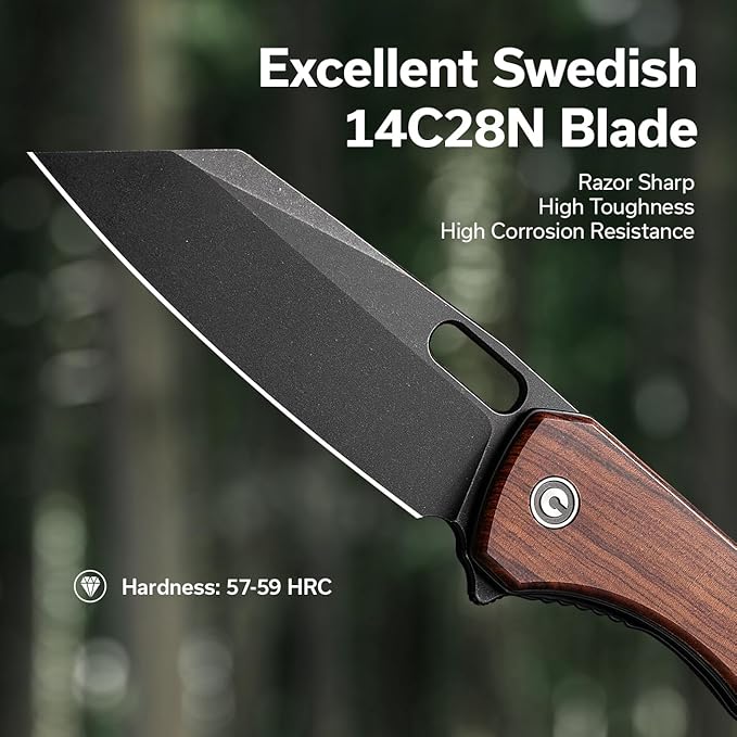 CIVIVI Nugz Folding Pocket Knife for EDC, 3.17" 14C28N Reverse Tanto Blade Wood Handle Flipper