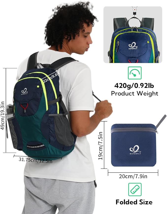 WATERFLY Lightweight Packable Hiking Backpack: 30L Foldable Travel Daypack Ultralight Camping Day