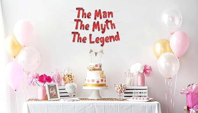 The Man The Myth The Legend Red Glitter Banner – Men’s Birthday, Bachelor Party, Retirement Party