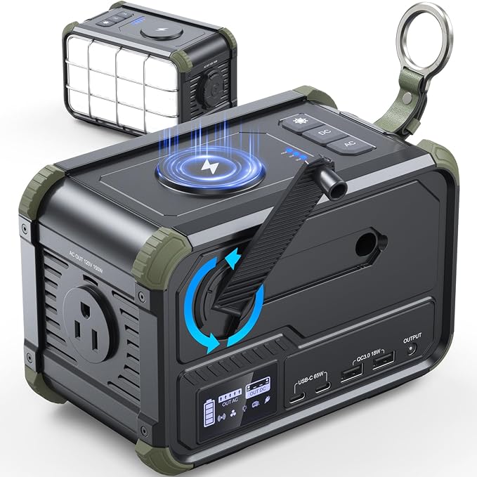 BROWEY Portable Power Station 153Wh Small Solar Generator with Hand Crank 120V 150W AC Outlet