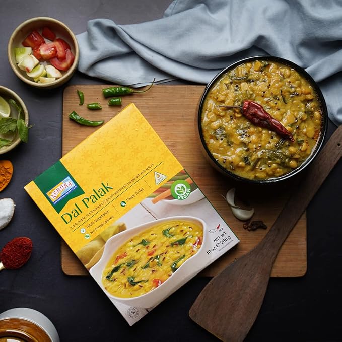 Ashoka All-Natural Entrees 1932, Vegan Spinach and Lentils, Microwave Friendly Meals, Authentic
