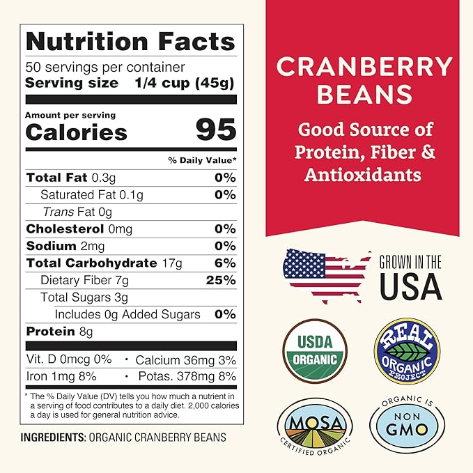 Organic Dried Cranberry Beans 5 lb - Non-GMO, USDA Organic, Farmed From Regenerative Soil, Tested