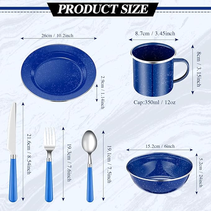 Nuogo 24 Pcs Enamel Camping Tableware Includes 12 oz Coffee Mugs 10.5 Inch Camping Plates 6 Inch