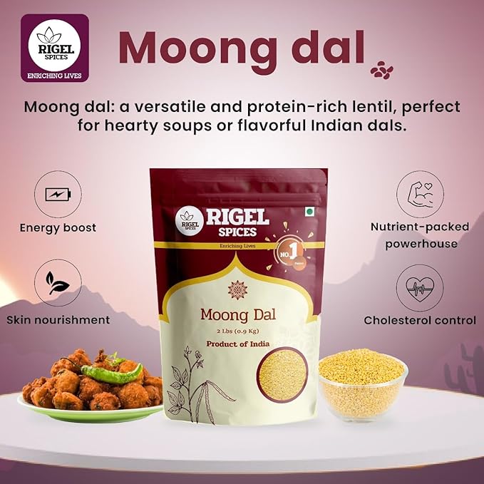 Rigel Spices Moong Dal 2 Lbs - Protein-Rich Yellow Mung Beans - Quick-Cooking Nutrient-Packed
