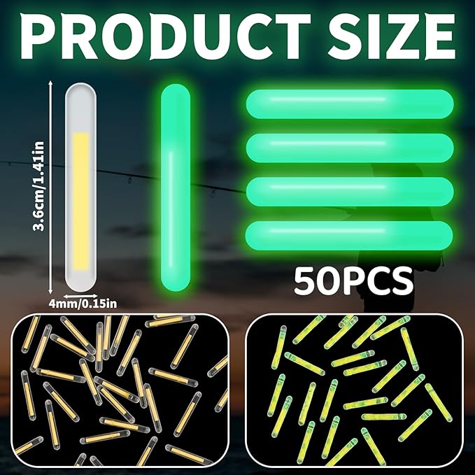 50PCS Small Fishing Float Light Sticks, Fluorescent Dark Glow Stick for Night Fishing, Yellow