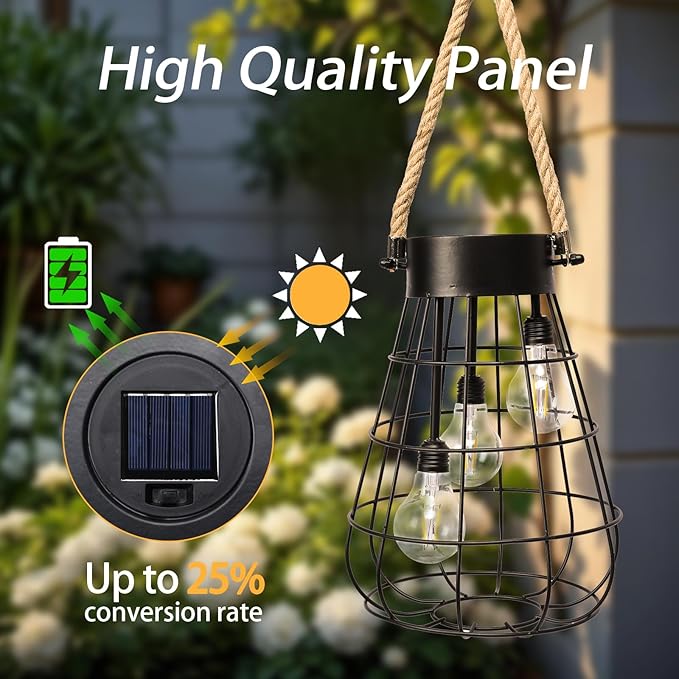 Solar Hanging Lantern with Rope, Vintage Industrial Pendant Light, 12.8" Solar Powered Outdoor