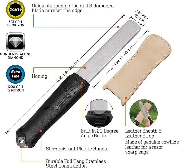 SHARPAL 127N Dual-Grit Diamond Sharpening Stone File Garden Tool Knife Sharpener with Leather Strop