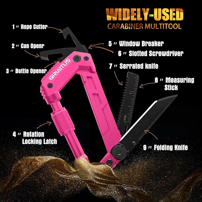 Multitool Carabiner with Pocket Knives, EDC Carabiners, Folding Serrated Knife, Can Bottle Opener