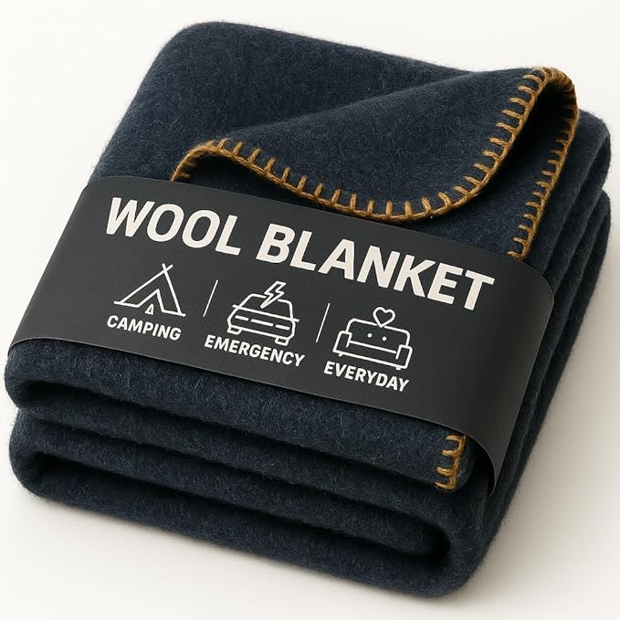 Wool Camping Blanket – 70% Wool Heavy-Duty Military Style Throw, Warm & Washable, Fire Retardant