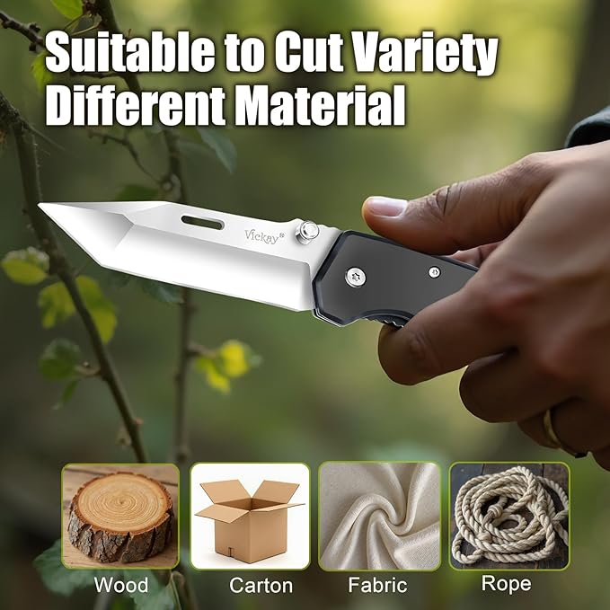 Vickay Pocket Knife, Folding Knife with Clip - 3.54??Tanto Blade, Wood Handle EDC Knife for Men &