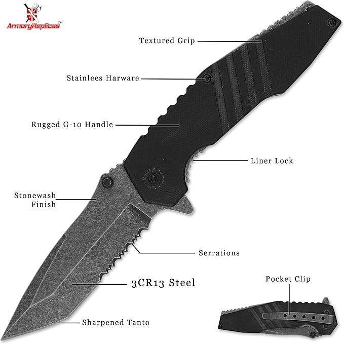 Armory Replicas??Alpha Force Tanto Spring Assisted Knife ??3CR13 Steel Blade, Stonewash Finish, G10