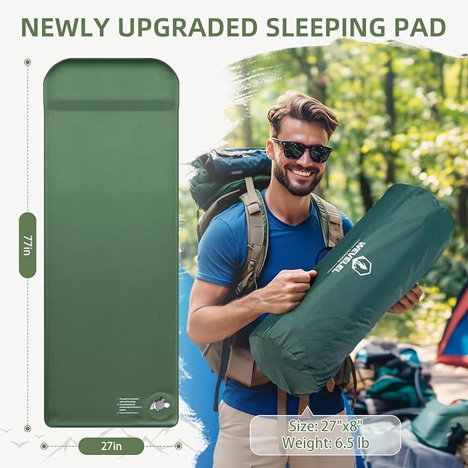 Memory Sleeping Pad, 3.1" Ultra-Thick Foam Sleeping Mats for Camping, Easy Inflate&Deflate,9.5