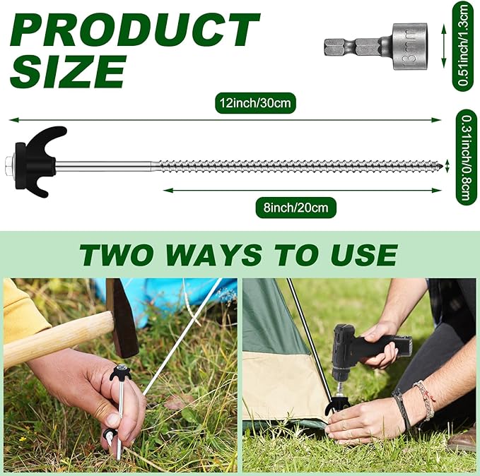 JaGely 20 Pcs 12 Inch Tent Stakes Screw in Camping Stake Heavy Duty Metal Spikes Ground Anchor Peg