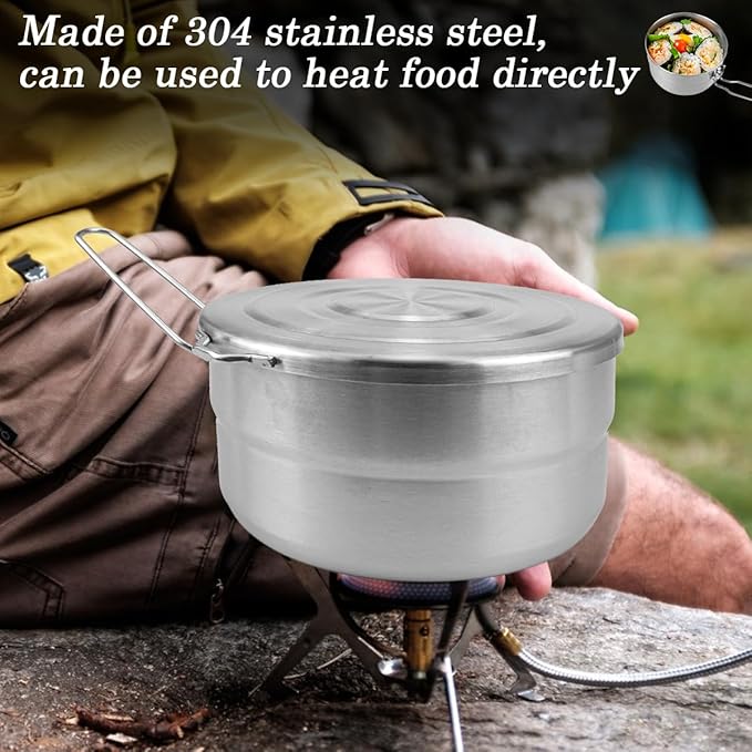 DOERDO Stainless Steel Camping Cook Pot with Lid and Folding Handle, 1.5L Camping Cookware Large