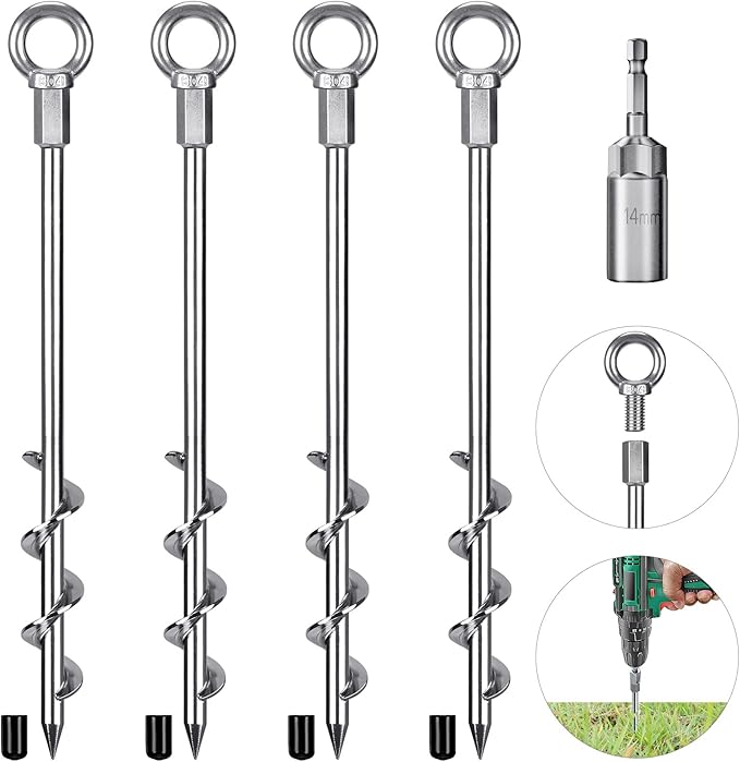 4 Pack Tent Stakes, 12 Inch Heavy Duty Ground Anchors, Fully Welded Spiral Earth Anchors for