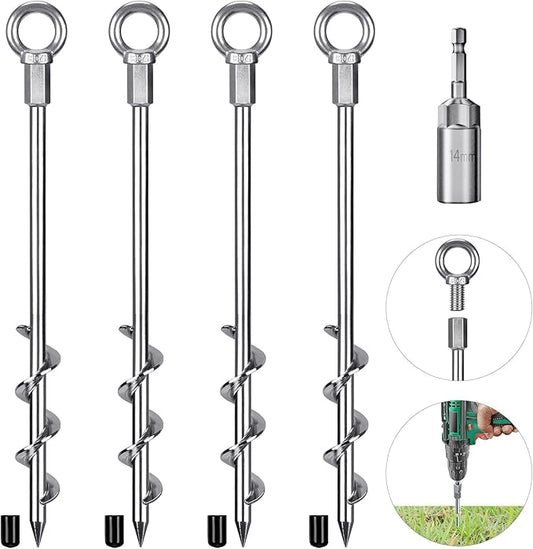 4 Pack Tent Stakes, 12 Inch Heavy Duty Ground Anchors, Fully Welded Spiral Earth Anchors for