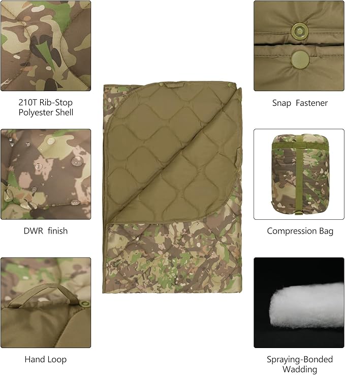 Poncho Liner Military Insulation Blanket Camo with Compression Carry Bag for Outdoors Hiking Jungle