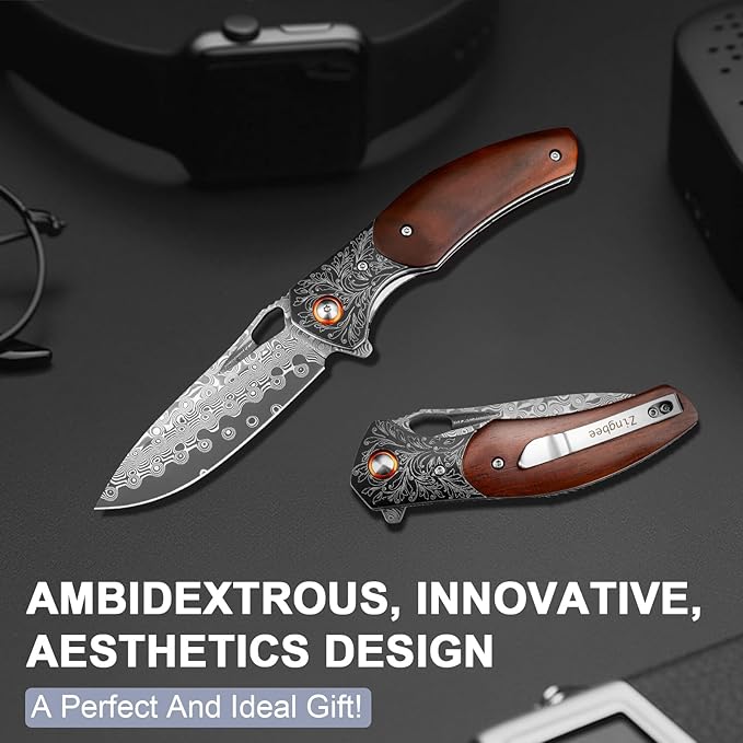 Damascus Pocket Knife with Sheath, 3.35" Damascus Steel Blade Knife with Wooden Handle, EDC Pocket