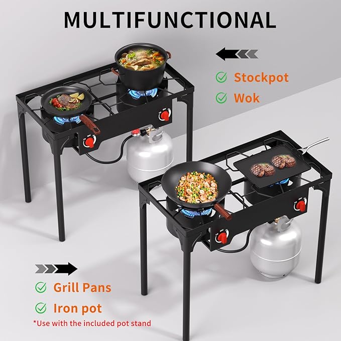 SKOK 2 Burner Propane Stove - Portable Camping Stove with 150,000BTU High Efficiency Propane