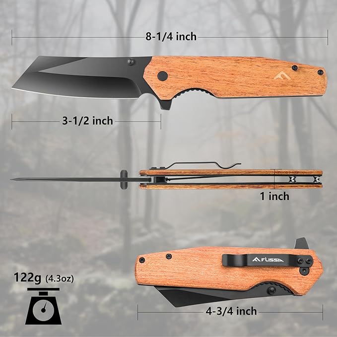 FLISSA Folding Knife, 4-3/4" Reverse Tanto Folding Pocket Knife, Black Stonewash Blade, Wood