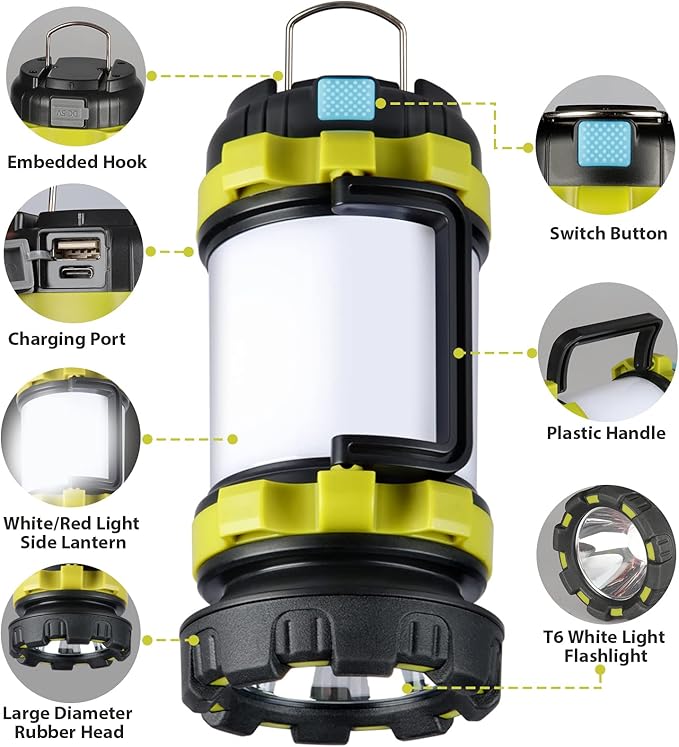 2 Pack Camping Lantern, Outdoor Led Camping Lantern, Rechargeable Flashlights with 1000LM, 6 Modes