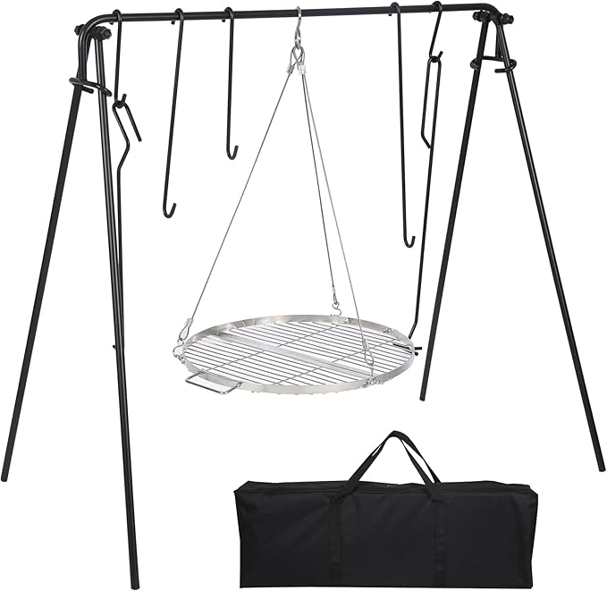 REDCAMP Swing Campfire Grill Stand - Collapsible Campfire Cooking Rack with 6 Hooks & Stainless