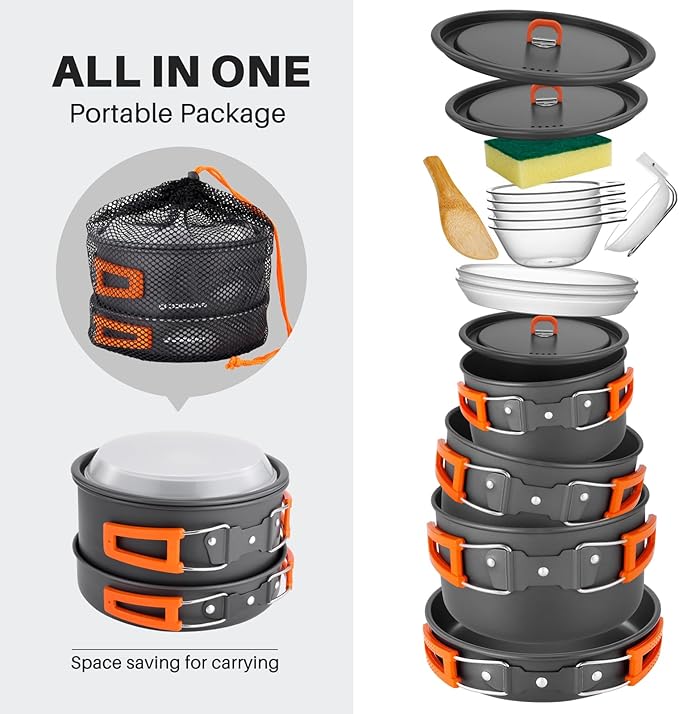 Odoland 15pcs Camping Cookware Non-Stick Lightweight Camping Pots and Pans Set with Plastic Plates