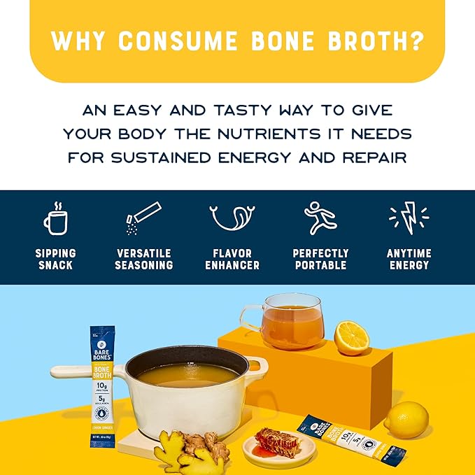 Bare Bones Bone Broth Instant Powdered Mix, Lemon Ginger, Pack of 16, 15g Sticks, 10g Protein, Keto