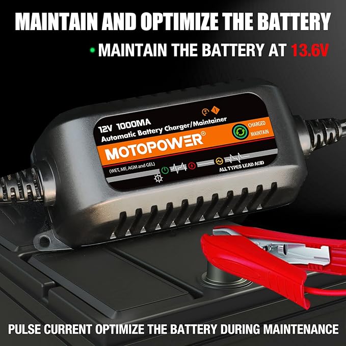 MOTOPOWER MP00205B 12V 1000mA Automatic Battery Charger, Battery Maintainer, Trickle Charger, and