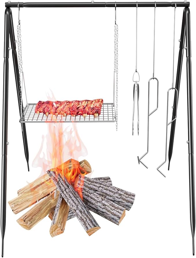 Grill Swing Campfire Cooking Stand with Stainless Steel Grill Grate for Cookware & Dutch Oven