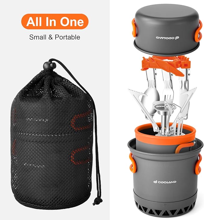 Odoland Camping Pots with Heat Exchanger Camping Cooking Set with Portable Camping Stove Camping